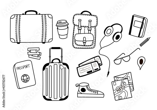 A set of vector illustrations for travel with suitcases, tickets, a map, headphones, a cup of coffee, glasses, sneakers, a backpack in doodle style, isolated elements on a white background.