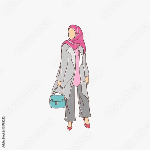 Woman muslim vector drawing and illustration. Hijab fashion design with line style
