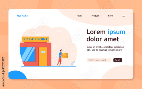 Customer carrying box from delivery service office. Pickup point, person receiving parcel, receiver. Flat vector illustration. Logistic, shipping concept for banner, website design or landing web page