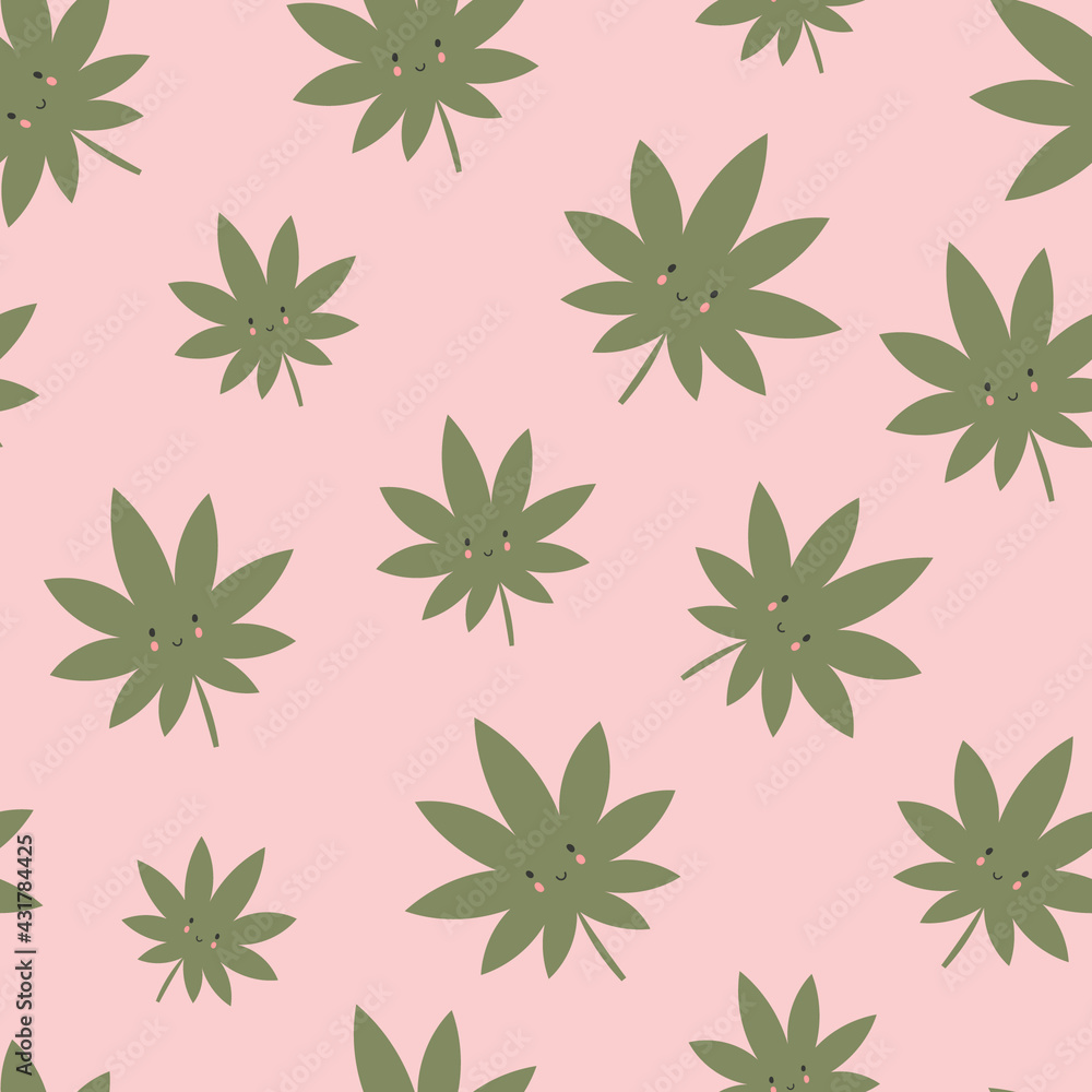 Seamless pattern with cute kawaii cannabis leaves on pink background. Seamless pattern with cute kawaii cannabis leaves on pink background.