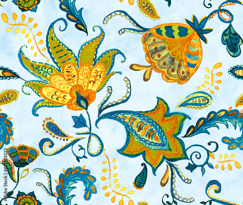 Naklejka premium Paisley watercolor floral pattern tile: flowers, flores, tulips, leaves. Oriental indian traditional hand painted water color whimsical seamless print, ceramic design. Abstract india batik background
