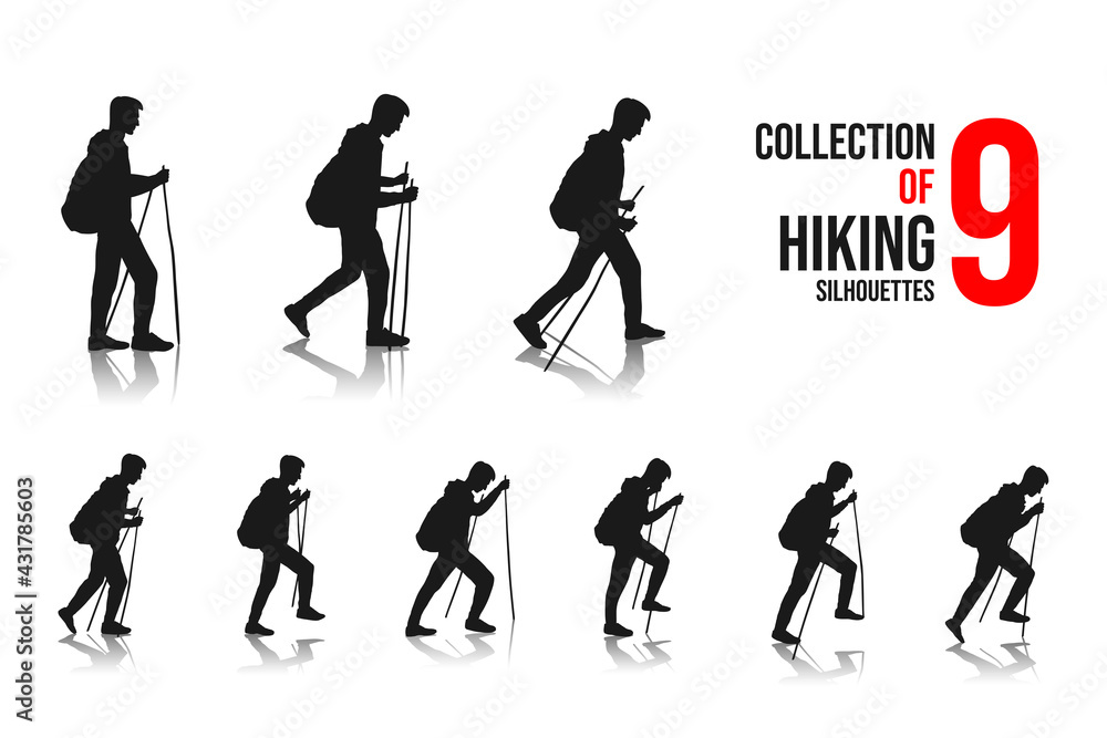 Vector illustration. Travel concept of discovering, exploring and observing nature. Hiking. Adventure tourism. The guy walks with a backpack and travel walking sticks. Design element for web template Vector illustration. Travel concept of discovering, exploring and observing nature. Hiking. Adventure tourism. The guy walks with a backpack and travel walking sticks. Design element for web template