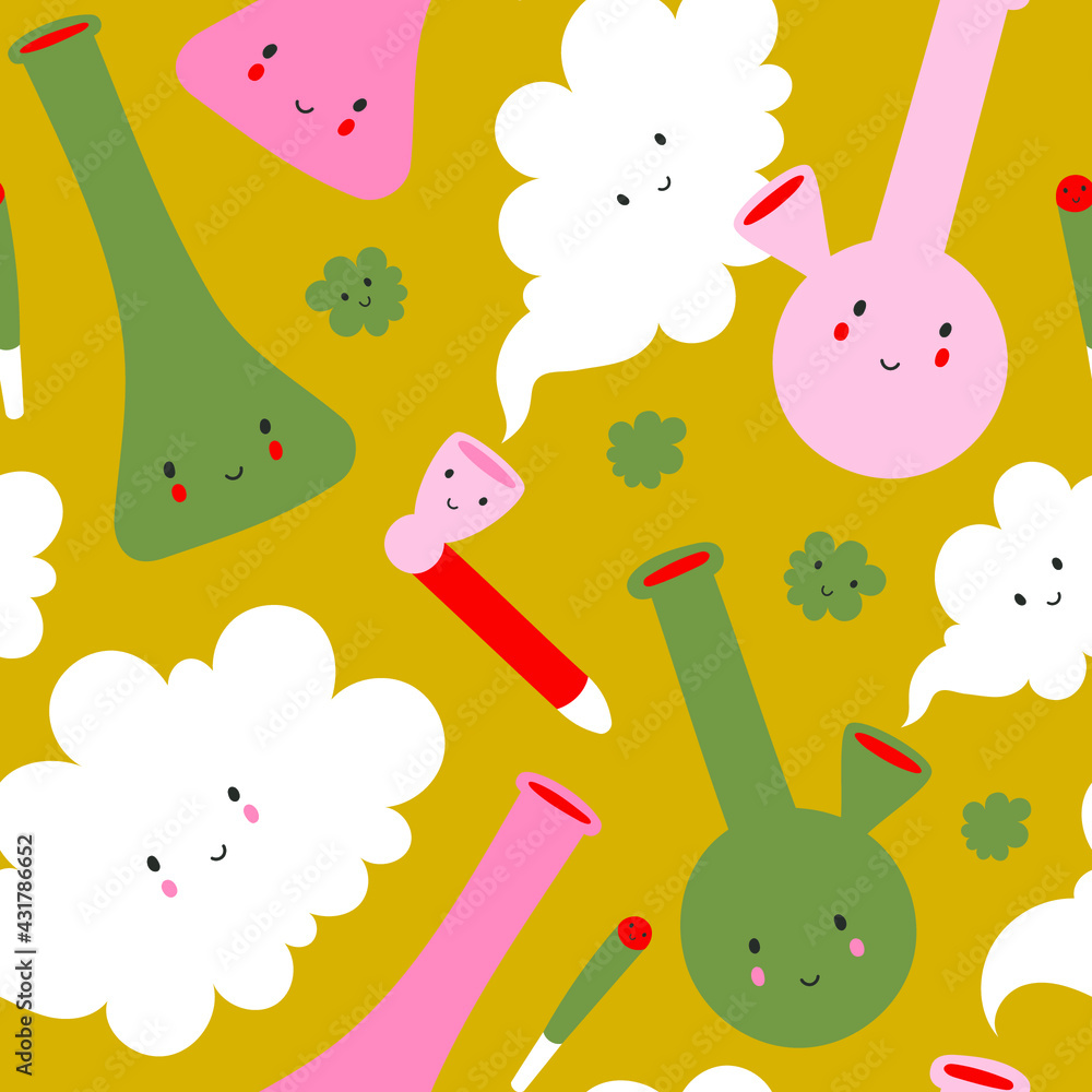 Seamless vector pattern with cute kawaii tools for smoking marijuana ...