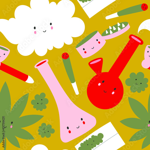 Seamless vector pattern with cute kawaii cannabis leaves and tools for smoking marijuana on yellow background.