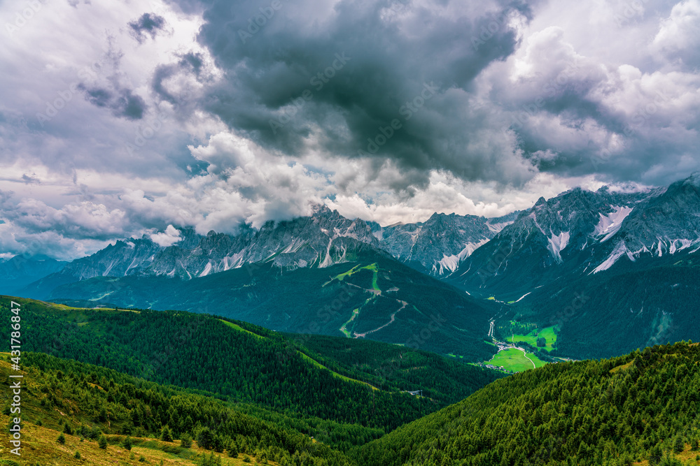 Storm clouds over the Sexten Dolomites, Italy.