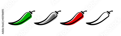 Chili icons, spicy pepper chilly mild to red hot, vector menu logo. Chili pepper or chile habanero and jalapeno level from mild to medium hot, burger menu icons