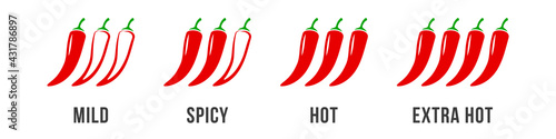 Chili pepper icons, spicy hot level of chilli sauce, vector labels. Chili pepper spicy icons from medium to hot, fast food menu icons