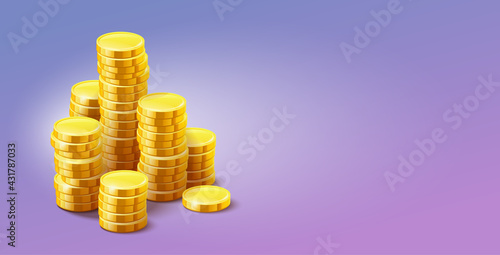 Gold coins cash money in piles, on purple gradient background. Eps10 vector illustration.