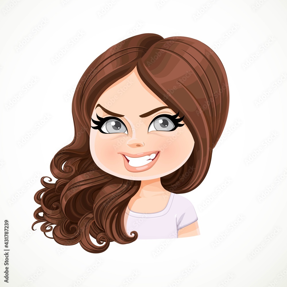 Beautiful insidious cartoon brunette girl with hair are shifted through a shoulder portrait isolated on white background Beautiful insidious cartoon brunette girl with hair are shifted through a shoulder portrait isolated on white background