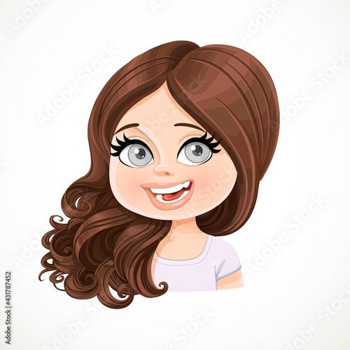 Beautiful enthusiastic cartoon brunette girl  with hair are shifted through a shoulder portrait isolated on white background