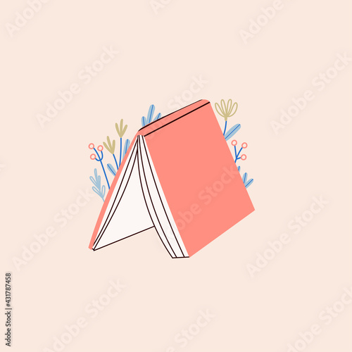 Book standing like tent with flowers. Read more books concept. Hand drawn educational Vector illustration. Cartoon modern style. Poster or print template