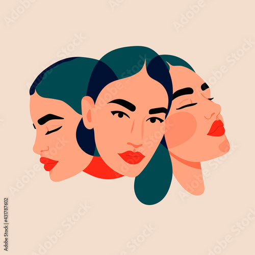 Three faces, one person. Three different personalities of one woman. Split Personality, bipolar disorder, mood, various emotions, mind Mental, psycho therapy concept. Abstract Vector illustration 
