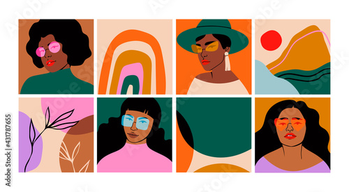 Set of Beautiful black Women in sunglasses and Abstract shapes. Fashion portraits, trendy backgrounds. Hand drawn Vector illustrations. Templates for cards, posters, banners, t-shirt prints