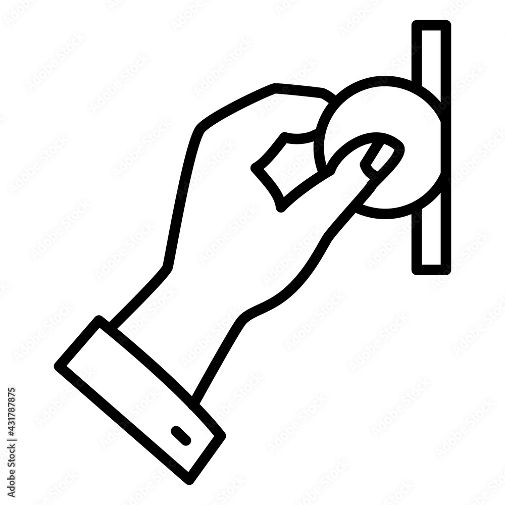 Hand with a coin in a slot. Payment in cash in ATM. Donation, buying iron money. Vector icon, outline, isolated. Hand with a coin in a slot. Payment in cash in ATM. Donation, buying iron money. Vector icon, outline, isolated.