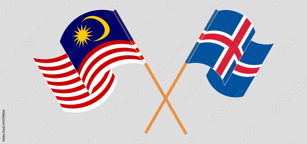 Crossed and waving flags of Malaysia and Iceland Crossed and waving flags of Malaysia and Iceland