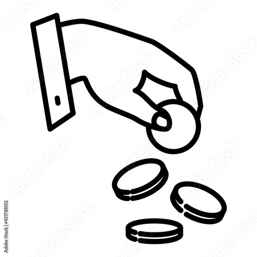 A hand scatches coins. Financial losses, cash spending, generous donation. Vector icon, outline, isolated.