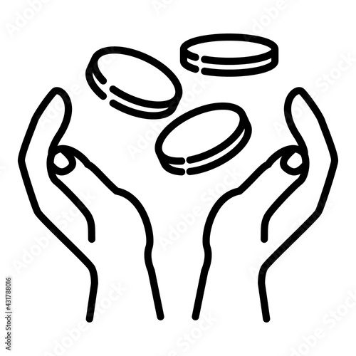 Coins fall into hand - winning the lottery, generous donation, receiving award. Vector icon, isolated, Outline.
