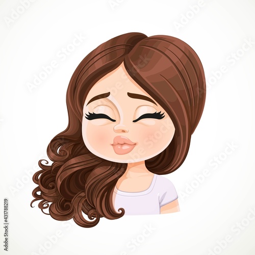Beautiful  kisses cartoon brunette girl  with hair are shifted through a shoulder portrait isolated on white background