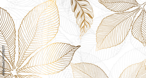 Gold leaves for the walls. Background with golden leaves of chestnut on a white background. Vector graphics.