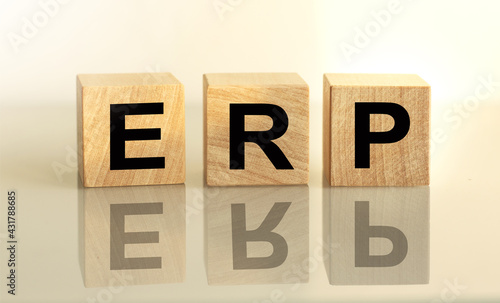 The inscription ERP on wooden cubes isolated on a light background, the concept of business and finance.