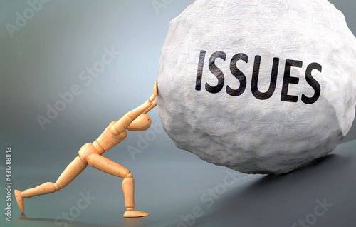 Issues and painful human condition, pictured as a wooden human figure pushing heavy weight to show how hard it can be to deal with Issues in human life, 3d illustration photo