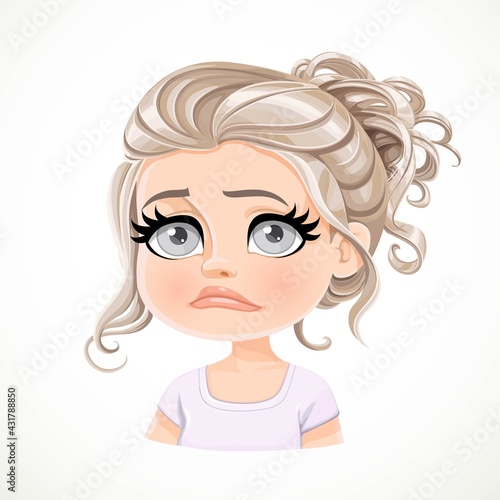 Beautiful upset sad pearl blond girl with long wavy hair bunched portrait isolated on white background