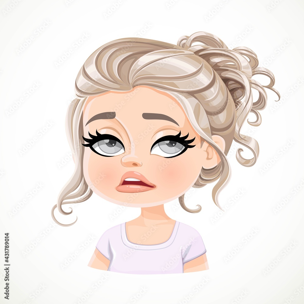 Beautiful tired pearl blond girl with long wavy hair bunched portrait isolated on white background Beautiful tired pearl blond girl with long wavy hair bunched portrait isolated on white background