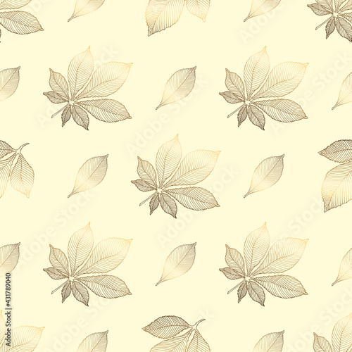 Gold flowers pattern. Seamless pattern with golden chestnut leaves on a beige background. Vector graphics.