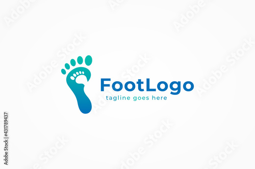 Foot Logo. Blue and Green Gradient Couple Footprints Silhouette with Negative Space Cutout Style inside isolated on White Background. Flat Vector Logo Design Template Element.