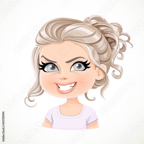 Beautiful insidious pearl blond girl with long wavy hair bunched portrait isolated on white background