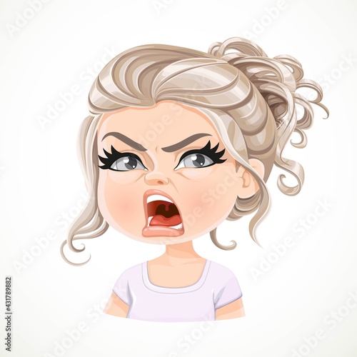 Beautiful angered pearl blond girl with long wavy hair bunched portrait isolated on white background