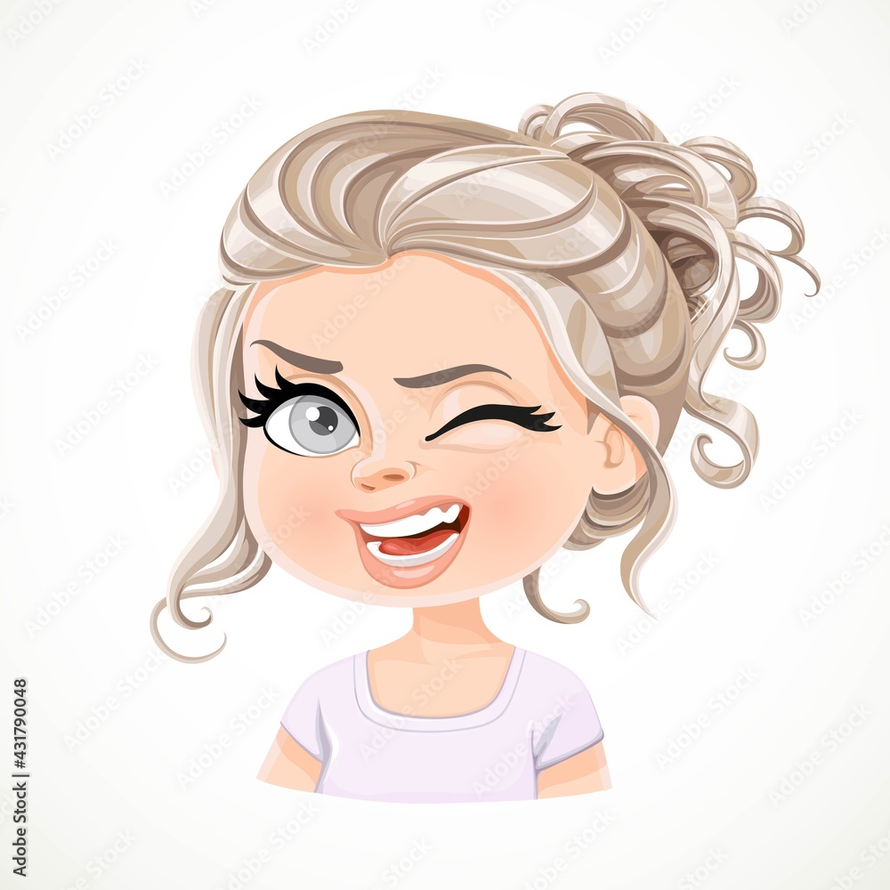 Beautiful cheerily wink pearl blond girl with long wavy hair bunched portrait isolated on white background Beautiful cheerily wink pearl blond girl with long wavy hair bunched portrait isolated on white background