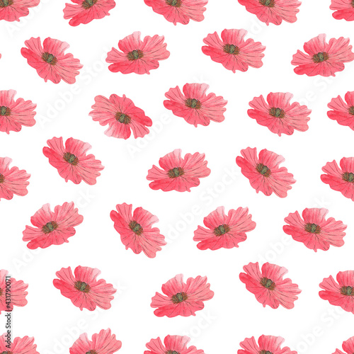 Watercolor seamless pattern with red poppy flowers on white background. Hand-painted abstract design perfect for wrapping paper, wedding decorations, gifts, postcards, textile