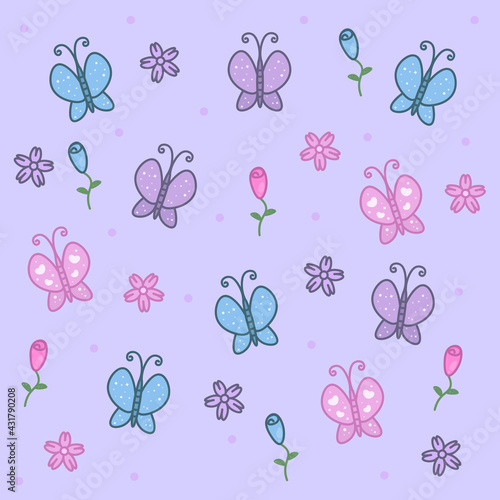 Cute pattern with butterflies and flowers on a purple background.  © Elizabeth