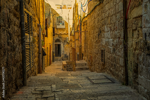 narrow old alleys in the center of Jerusalem. National character. photo