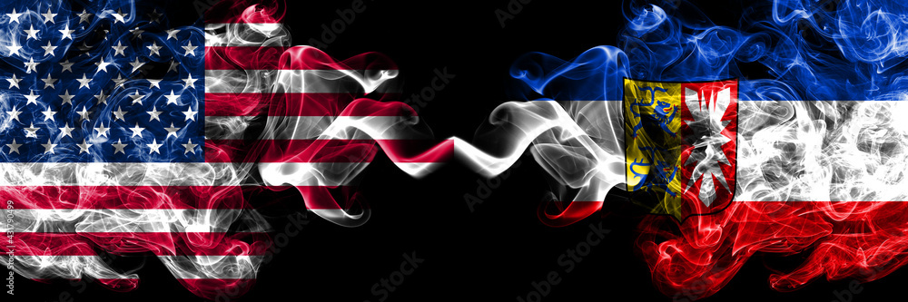 United States of America, America, US, USA, American vs Germany Schleswig Holstein, state smoky mystic flags placed side by side. Thick colored silky abstract smoke flags. United States of America, America, US, USA, American vs Germany Schleswig Holstein, state smoky mystic flags placed side by side. Thick colored silky abstract smoke flags.