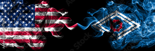 United States of America, America, US, USA, American vs Japan, Japanese, Esashi, Hiyama, Hokkaido, Hiyama, Subprefecture smoky mystic flags placed side by side.  photo