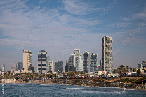 Skyscrapers on the waterfront on a sunny day in Tel Aviv