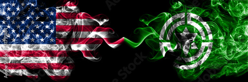 United States of America, America, US, USA, American vs Japan, Japanese, Haboro, Hokkaido, Rumoi, Subprefecture smoky mystic flags placed side by side. Thick colored silky abstract smoke flags. photo