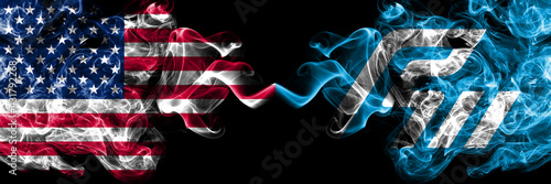 United States of America, America, US, USA, American vs Japan, Japanese, Ishikawa Prefecture smoky mystic flags placed side by side. Thick colored silky abstract smoke flags.