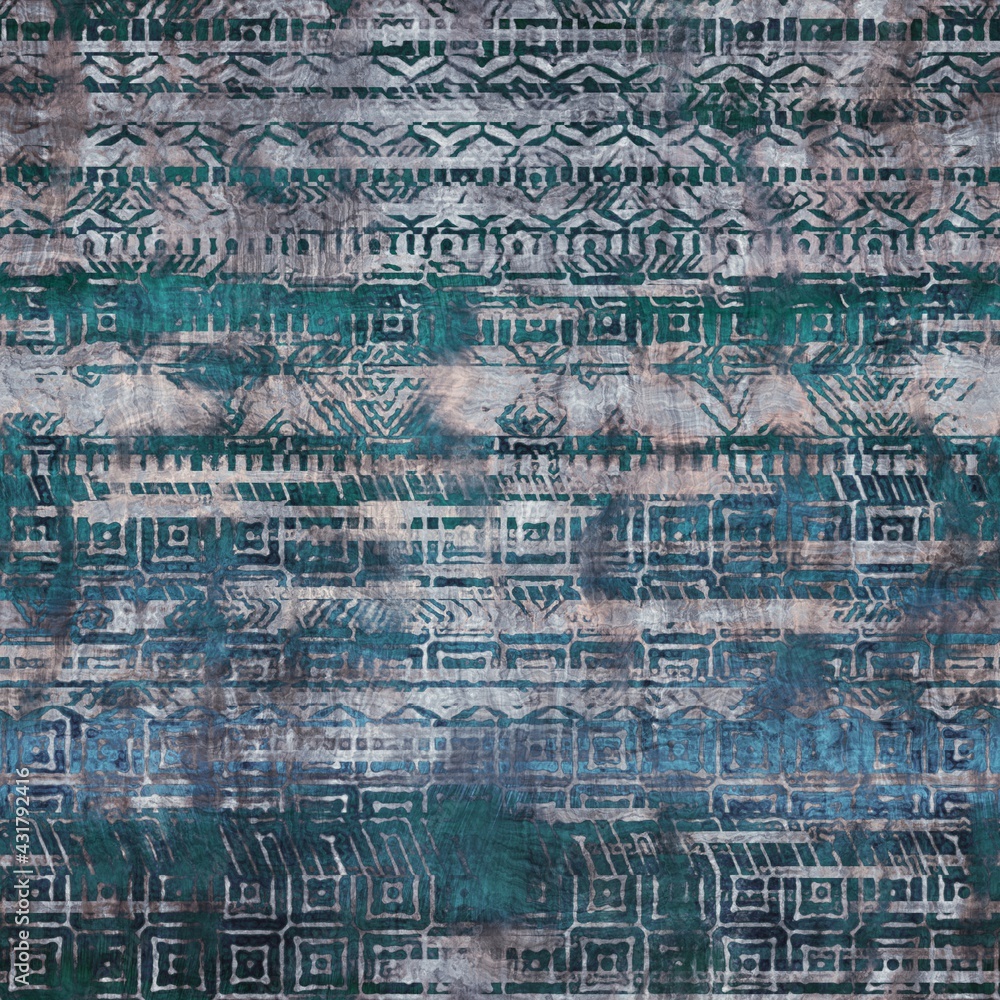 Seamless grungy tribal ethnic rug motif pattern. High quality illustration. Distressed old looking native style design in faded turquoise and gray colors. Old artisan textile seamless pattern. Seamless grungy tribal ethnic rug motif pattern. High quality illustration. Distressed old looking native style design in faded turquoise and gray colors. Old artisan textile seamless pattern.