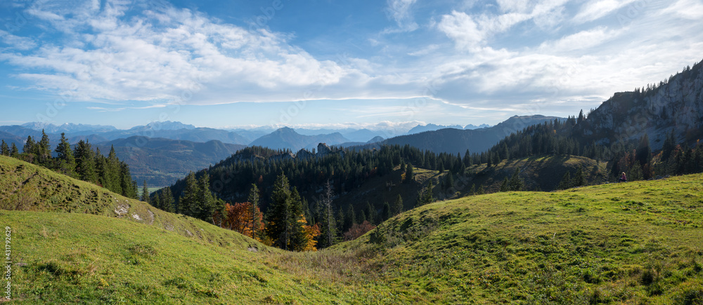 stunning view from Kampenwand to autumnal Chiemgau Alps, upper bavarian landscape panorama