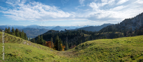 stunning view from Kampenwand to autumnal Chiemgau Alps, upper bavarian landscape panorama