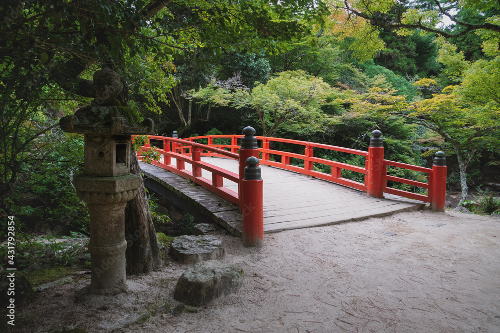 Typical japanese bridge in autumn park on Mount Misen in Miyajima, Hiroshima, Japan Typical japanese bridge in autumn park on Mount Misen in Miyajima, Hiroshima, Japan