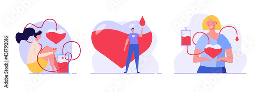 Volunteers people donating blood. Donor woman standing with heart. Concept of donation, world blood donor day, plasma. Vector illustration in flat design for background, banner, card