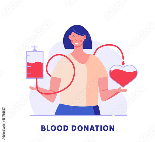 Volunteer woman donating blood near heart. Donor. Concept of donation, charity, world blood donor day, health care. Vector illustration in flat design for background, banner, card