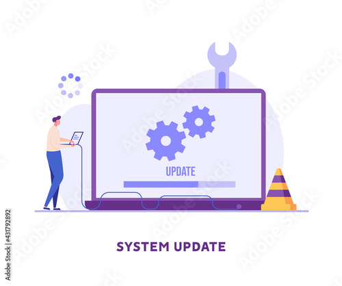 User updating operation system with progress bar. Software upgrade and installation program. Concept of system update, integration, software installation. Vector illustration for UI, mobile app