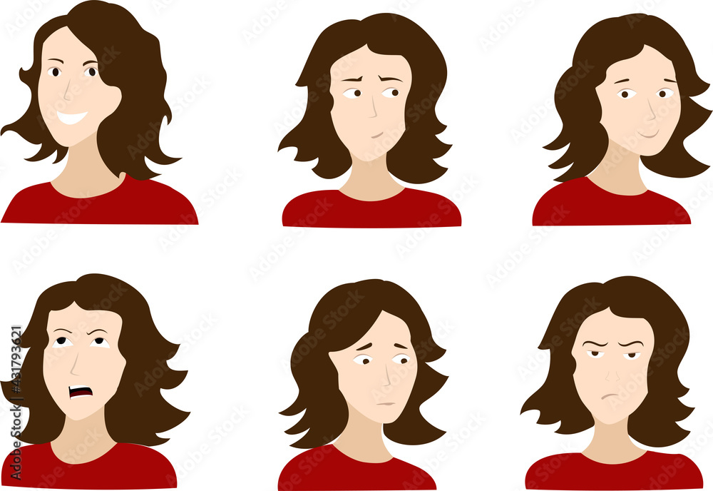 woman face sad and happy various emotions. Before and after reaction of a human mood. Character design. Flat vestor illustration
