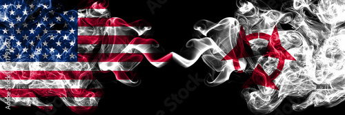 United States of America, America, US, USA, American vs Japan, Japanese, Oita Prefecture smoky mystic flags placed side by side. Thick colored silky abstract smoke flags. photo