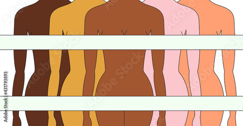 Vector graphics - five female figures with hidden faces of various ethnic groups. The intimate areas are covered with a white horizontal stripe. Concept - women's beauty and Health